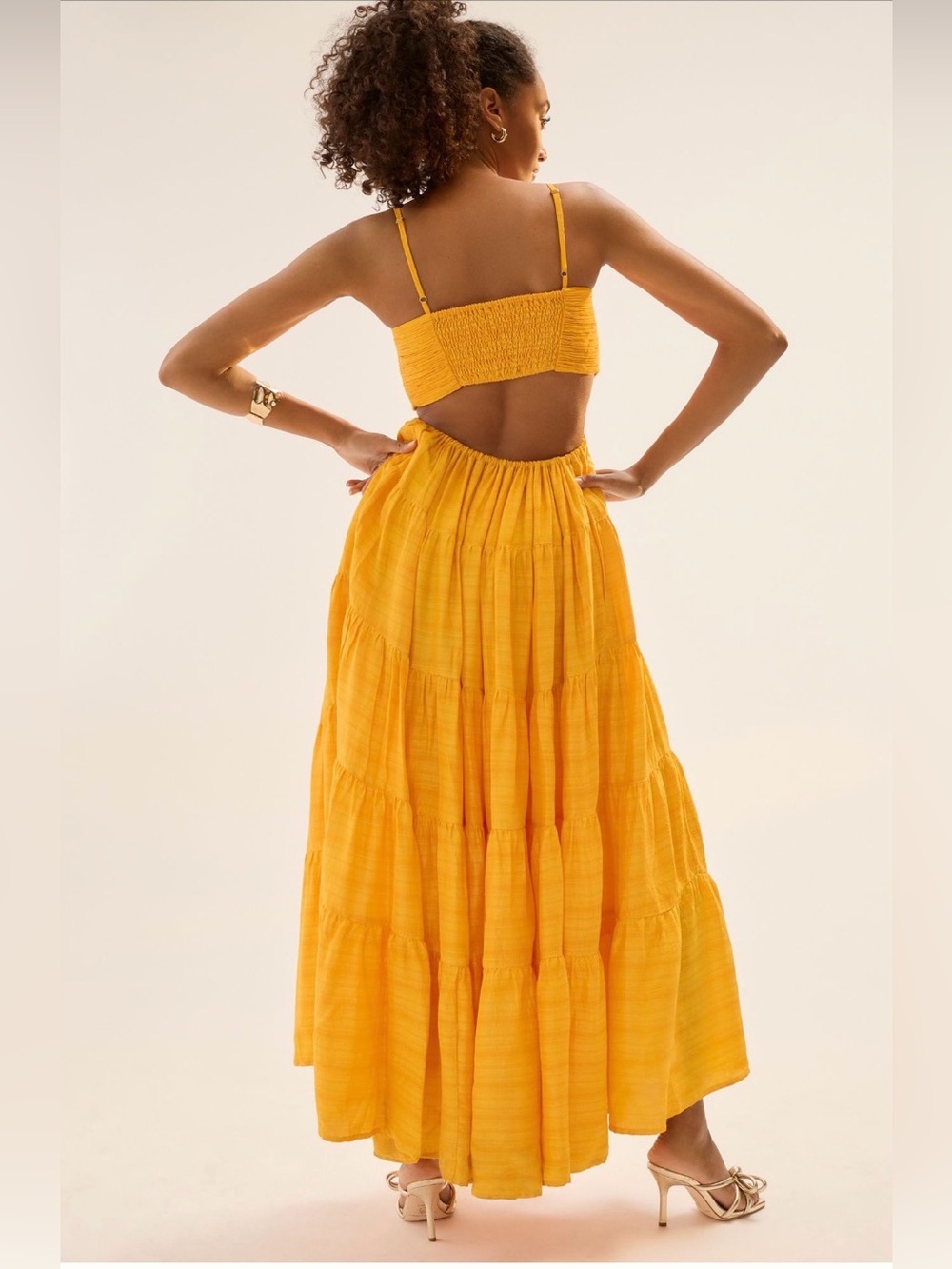 Function & Fringe Edit | Mustard Tiered Maxi Dress with Ruched Bodice - Picture 4 of 8